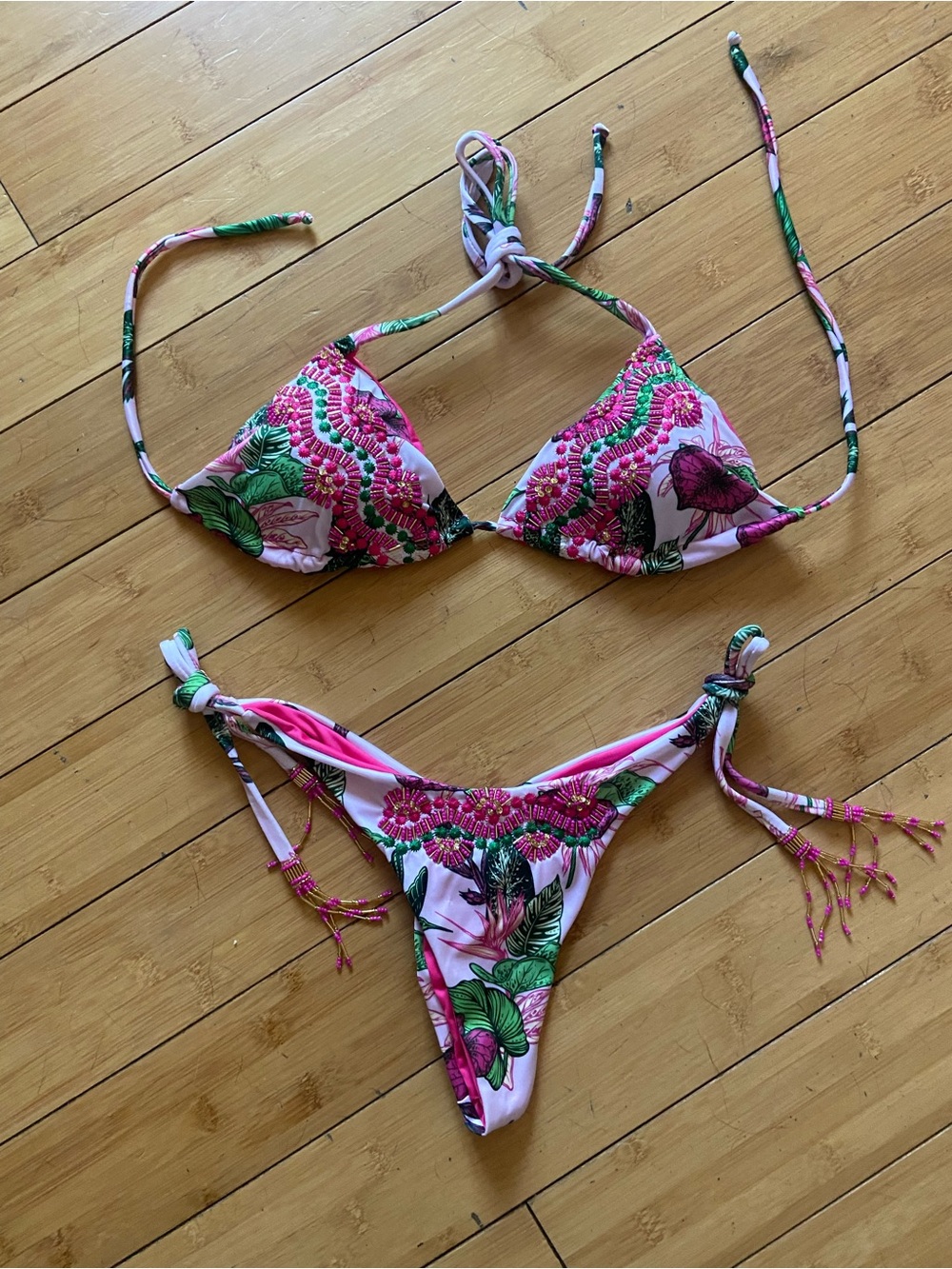 Colombian Beaded Swim Pink Tropical Floral String Bikini